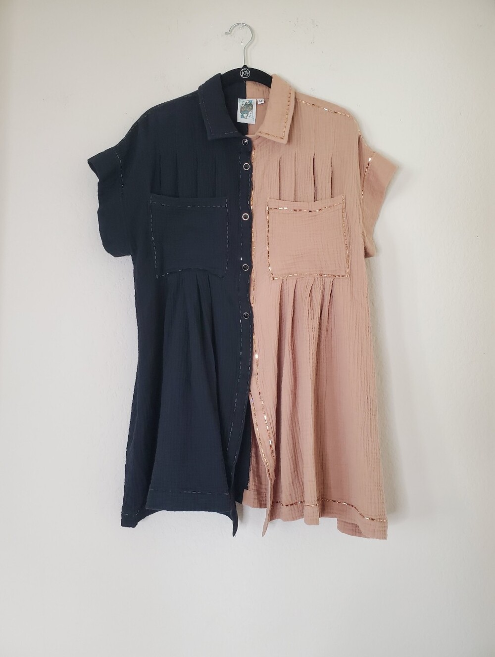 Queen of Sparkles Womens Shirt Dress Tunic Sz M Black Tan Brown Colorblock READ